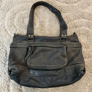 Fossil Soft Pebbled Leather Handbag Black Gray Paisley Purse EUC